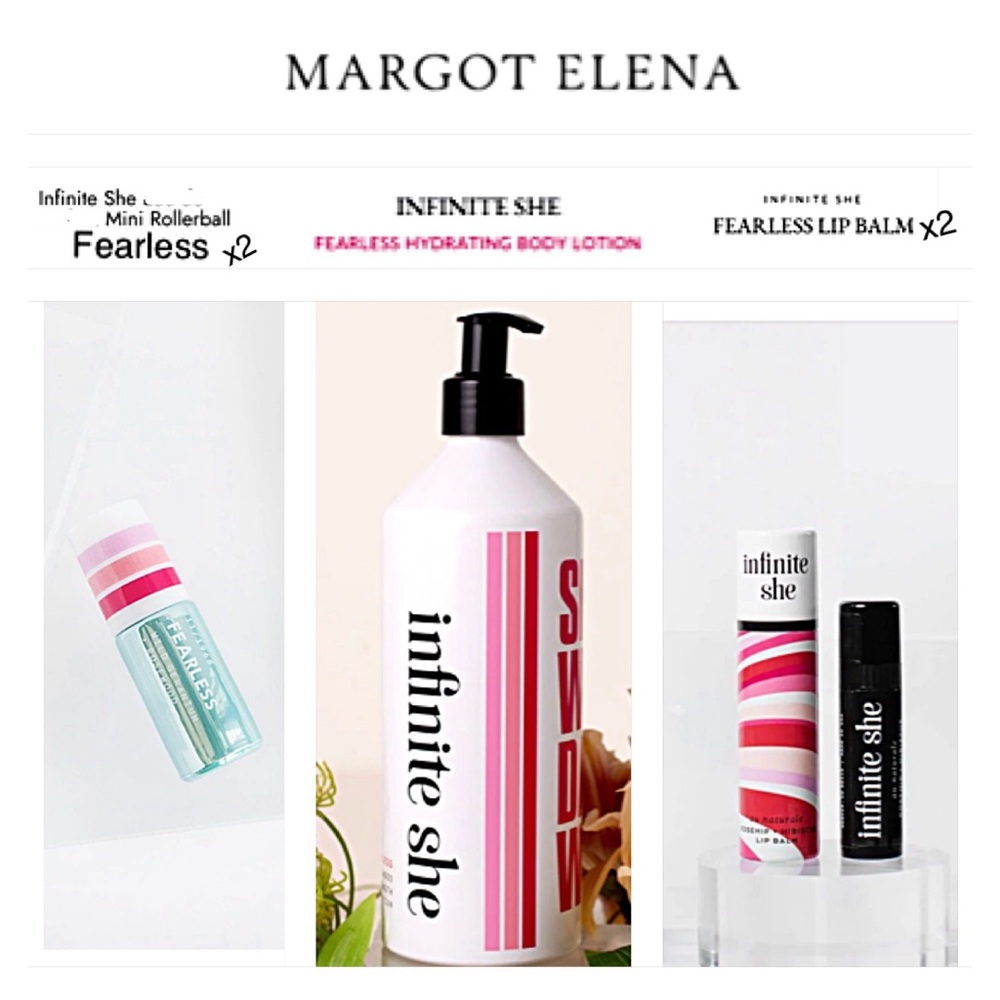 5 FEARLESS Infinite She MARGOT ELENA: 2 Mini Rollerballs, 1 LOTION, 2 Lipbalms